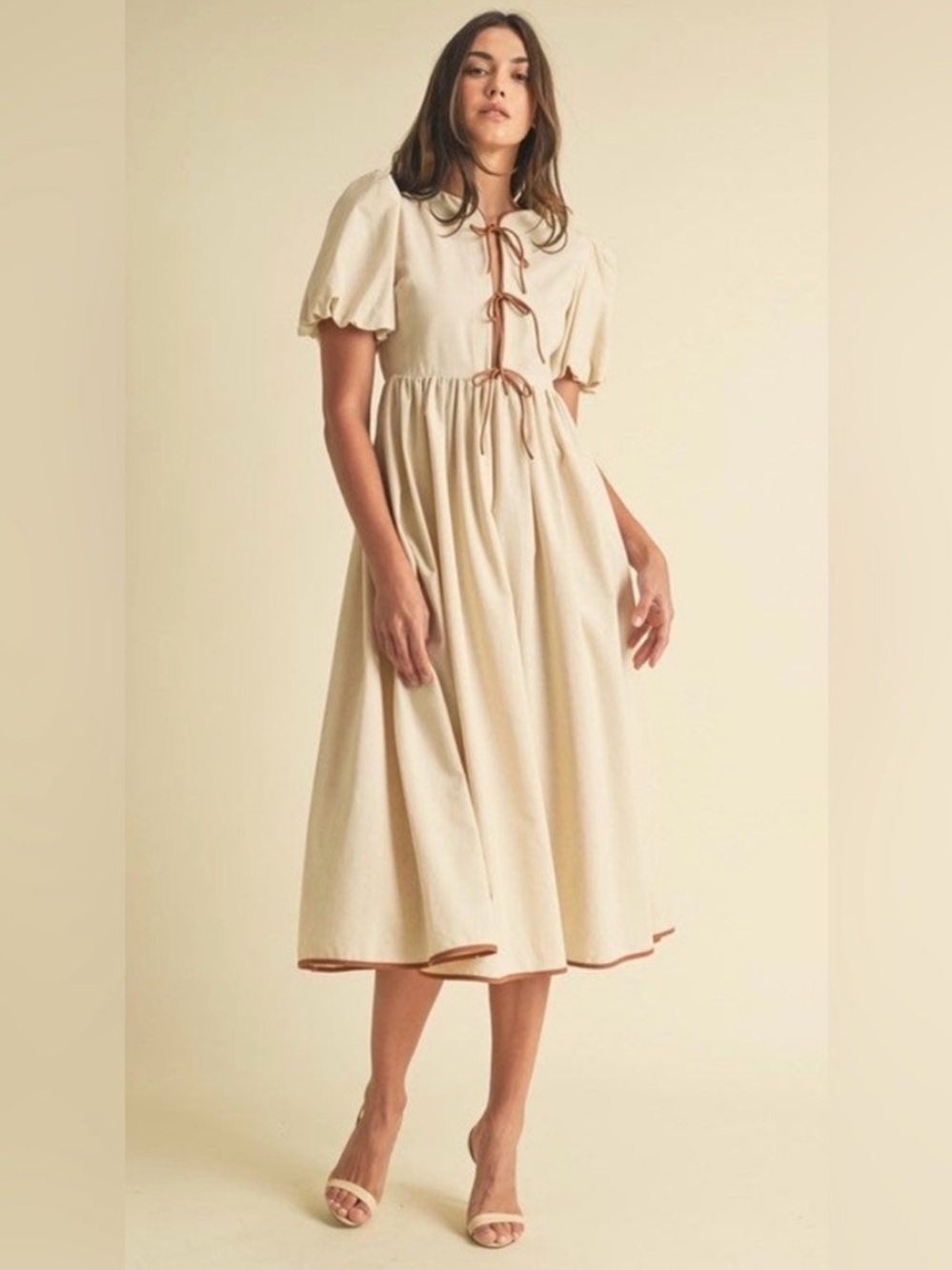 EB Luxe Los Angeles Linen Blend Midi Dress Tan Faux Leather Trim Bow Front Size